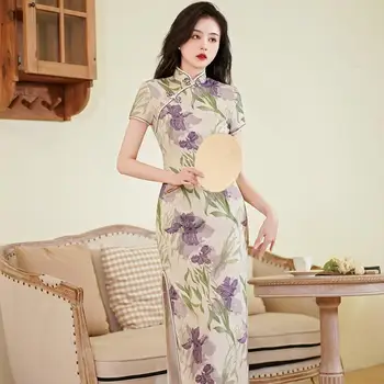 Реколта тънък китайски традиционен Cheongsam къс ръкав сплит рокля жени отпечатани сатен дълго Qipao рокля 5XL