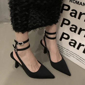 Slingbacks високи токчета помпи жени нови заострени пръсти тънки токчета парти обувки жена плътен цвят глезена катарама летни сандали