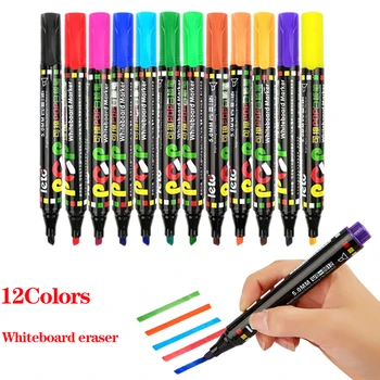 12 цвята изтриваеми писалки за бяла дъска дебела глава писалка наклонена маркер писалка за деца учители офис училище студент класна стая глътки
