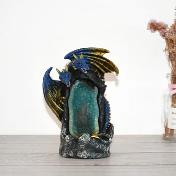 Смола тамян горелка с двойна глава дракон, творчески домашни занаяти, обратен поток аромат, LED цветна кристална светлина