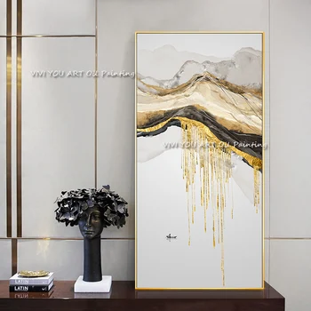 Ръчно изработеният модерен абстрактен златен сенчест планински изглед дебела маслена живопис върху платно нож живопис стена арт декорация за дома