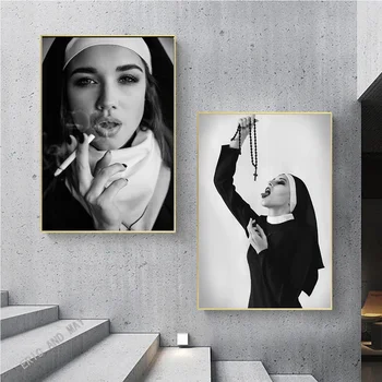 Реколта черно бяло монахиня пушене платно смешно плакати отпечатъци лоши момичета жени ретро стена изкуство живопис картини спалня дома декор