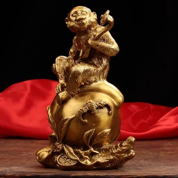 Pure Brass Ruyi Monkey Zodiac Yuanbao Shoutao Monkey Decoration Home Фън Шуй Богатство Атракция Декорация