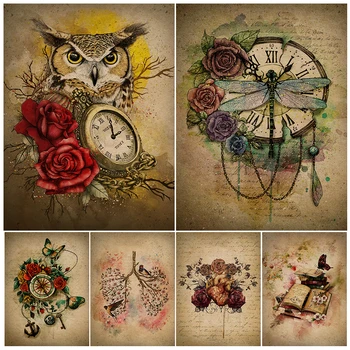 Owl джобен часовник, цветен орган, мистериозен океан, реколта стена изкуство платно живопис готически сюрреалистични изкуство плакат печат декорация