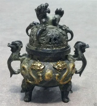 Китай Бронзови статуи Gilt Dragon късмет тамян горелка Censer