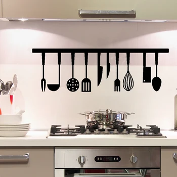 Черни стикери за инструменти за готвене украсяват кухнята, PVC материал подвижни стикери за стена
