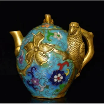Благороден изящен меден Cloisonne емайл издълбани цвете и птица статуя позлатени чайник