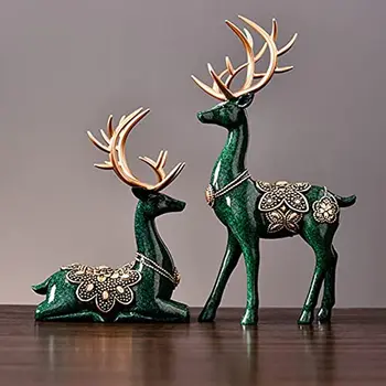 Статуя на елен за маса,декорации от смола за елени за дома рустик,декорации за елени за маса,фигурка на елен домашен декор (зелен)