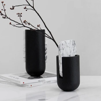 Wabi Sabi стил творчески черен карбонизиран дърво дървени сухи цветя ваза продажби офис декорации мрамор Mogi цвете подреждане