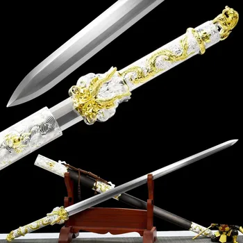 Ръчно изработена битка Jian меч дракон крал HanJian Sharp 1095High въглеродна стомана острие издълбани метални сплави дръжка фитинги абанос обвивка