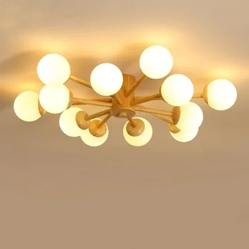 Масивно дърво таван светлини с млечна топка абажур за хол модерен дървен спалня повърхностно монтирани трапезни лампи