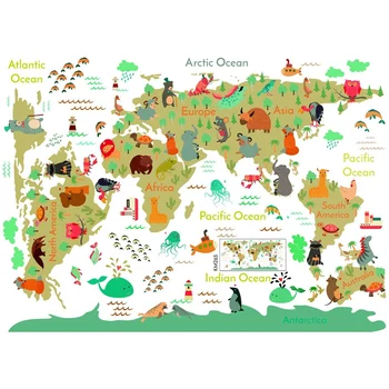Cartoon Animals Карта на света Стикери за стена DIY тапети за детска стая спалня детска стая стена декор стена ваденки Начало декор