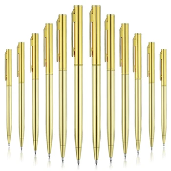 12Pcs метални химикалки златен цвят тънък химикалки черно мастило метални химикалки за бизнес офис студенти учители