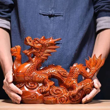 Китайска статуя на дракон Зодиак Дракон Дървен занаят Дракон Скулптура Таблица Рафт Декор
