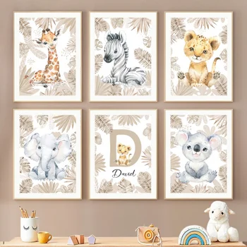 Жираф лъв слон коала персонализирано име детска стая плакати и отпечатъци бебе стена изкуство картини декор детска стая платно живопис