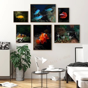 Златна рибка печат плакат аквариум стена изкуство морски животни платно живопис стена фигура Фън шуй галерия стена арт комплект без рамки