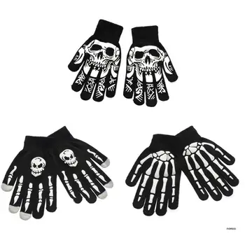 Хелоуин ужас череп ръкавици светещи ръкавици без хлъзгане ръка топло черно трикотажни скелет ръкавици за колоездене