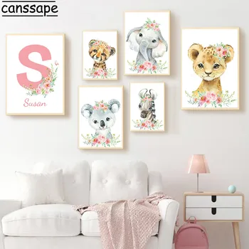 Розови цветя стена изкуство по избор име платно живопис лъв жираф слон отпечатъци снимки детска стая плакати бебе момичета спалня декор