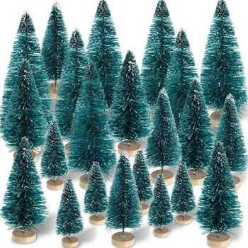 60 броя мини сизал сняг скреж дървета зимен бор с дърво база сняг орнаменти настолна дървета за коледна украса
