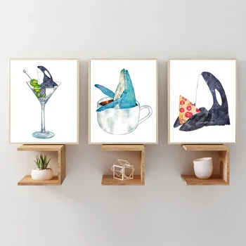 Сладък кит стена картина акварел плакат животни платно живопис морски живот баня изкуство печат детска стая хол кухня декор