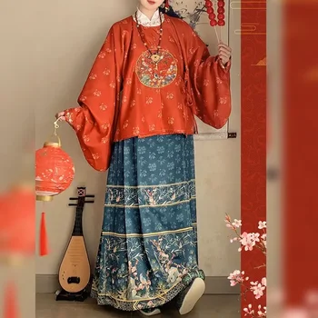 Традиционно китайско облекло ханфу жена Минг бродерия кръг врата рокля отгоре печат пола дълъг ръкав кон лицето пола есен