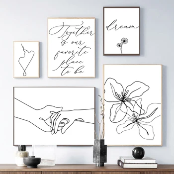 Минималистичен моден плакат Жени цвете листа черно бяло платно живопис стена изкуство двойка линия рисунка момиче печат минимален декор