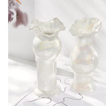 Лека луксозна и минималистична перлено бяла керамична ваза, хидропонен дом, малка свежа декорация на маса, модерни аранжименти на цветя
