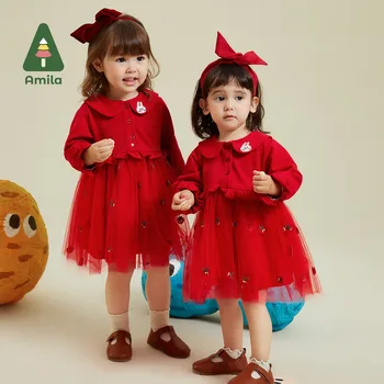 Amila Детски дрехи 2023 Нова есен сладък пухкава кукла яка изящна бродерия памук топла рокля момичета бебе рокля