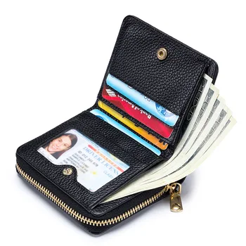 Къс портфейл от естествена кожа Дамски моден цип портфейл притежател на карта Малка чанта за карти Промяна на голям капацитет Качество на чантата за монети