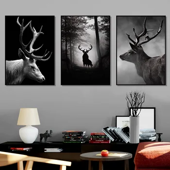 Черно бяло елк елен гора пейзаж стена изкуство платно живопис скандинавски плакати и отпечатъци стена снимки за хол декор