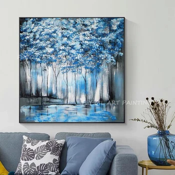 100% Ръчно изработени цветни сини дебели пейзаж картина дърво гора красива маслена живопис на коридор веранда стена изкуство хол