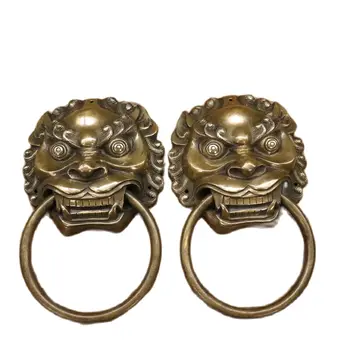  чифт колекция китайски стар бронз Лъв главата doorbells, метални занаятчийски звънци, дълги 16 см, witdh 26 см