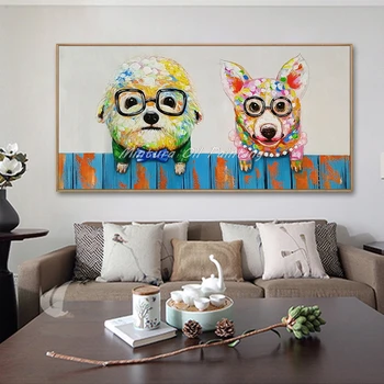 Mintura,Ръчно рисувани абстрактни животински куче двойка маслени бои върху платно,модерен поп арт стена картина за детска стая декорация