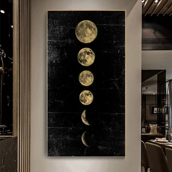 Фаза на луната Златни черни плакати Канава Отпечатъци Абстрактно Входна живопис Картина за стена за хол Модерна декорация на дома