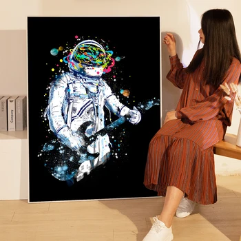 Colorful астронавт планета персонализирани живопис с маслени бои играят китара стена изкуство плакат оригинални произведения на изкуството печат Начало декор къща декор