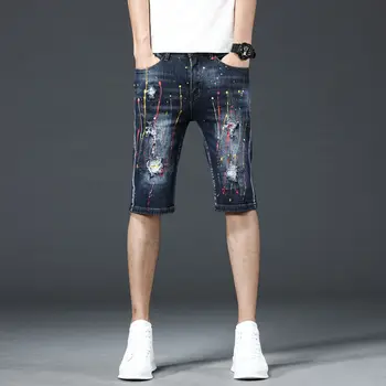 Дънкови шорти мъжка личност графити пръски мастило европейски и американски стил уличен стил разкъсан прилив панталони къси дънки