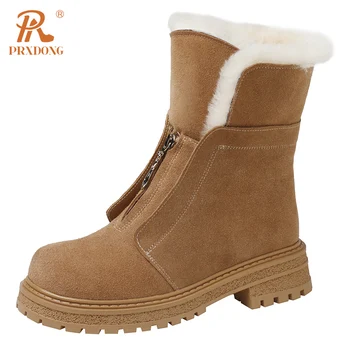 PRXDONG Естествена кожа Дамски ботуши за сняг 2023 Есен Зима Топли обувки Med токчета Реална кожена рокля Ежедневни женски обувки размер 34-40