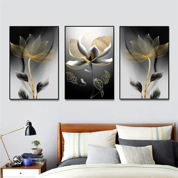 Черно и бяло класически растения златни растителни цветя Златен лист стена плакат луксозно платно живопис модерен офис изкуство картина