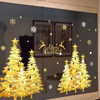 2023 Коледен прозорец стикери DIY златни дървета стена ваденки за хол ресторант стъкло Начало Новогодишна фестивална украса