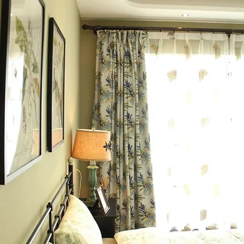 American Country Banana Leaf Cotton and Linen Jacquard Shading Curtains for Living Dining Room Bedroom.