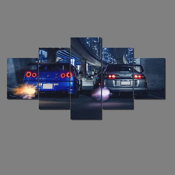 5Pcs Blue GTR състезателни автомобили плакат стена произведения на изкуството платно HD маслена живопис Начало декор за хол модерни модулни снимки