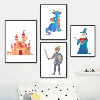Castle Magician Knight Dragon Cartoons Wall Art Canvas Painting Nordic Posters And Prints Wall Pictures Baby Kids Room Decor