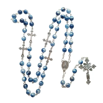 Синя акрилна броеница Колие дълго за кръст висулка католическа християнска огърлица религиозни бижута за мъже жени