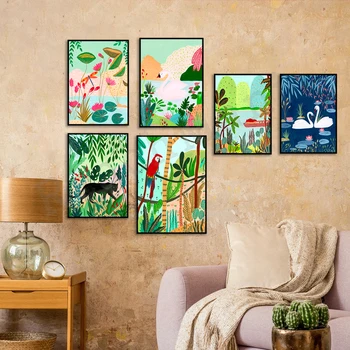 Тропически арт плакат, дива природа, ягуар, лъв, тропически папагал, водно конче, лебед, тропическа илюстрация, декорация на джунглата