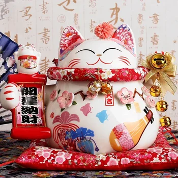 9 инчов керамичен късмет късмет котка Maneki Neko орнамент дома декорация подарък Фън Шуй Piggy Bank Centerpiece