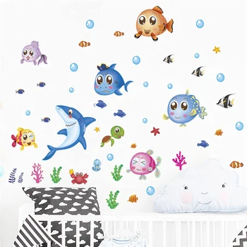 Карикатура риби с мехурчета стена стикери за баня основа Начало декорация DIY животински Pvc стенопис изкуство детска стая Decal плакат