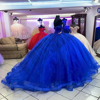 Луксозни кристални кралско сини кинсеанера рокли 3D апликация за цветя принцеса рожден ден Vestidos de 15 años корсет
