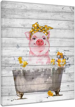 Farm животно прасе стена арт рамка баня интересно розово прасе в реколта вана в селски дърво платно абстрактна живопис