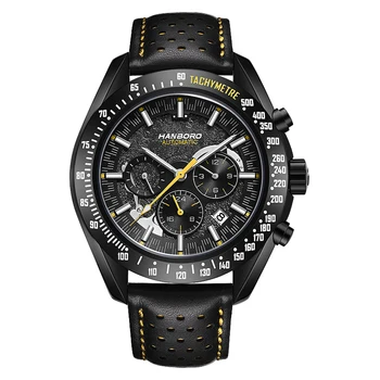 HANBORO Мъжки луксозен часовник 42mm Автоматичен механичен ръчен часовник Водоустойчив светлинен троен Windw Месец Дата на седмицата 24 часа тахиметър