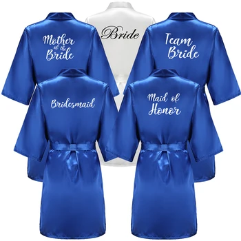 Сватбено тържество Екип Халат за булка с бели букви Кимоно Сатенена пижама Шаферка Кралско синьо Халат за баня